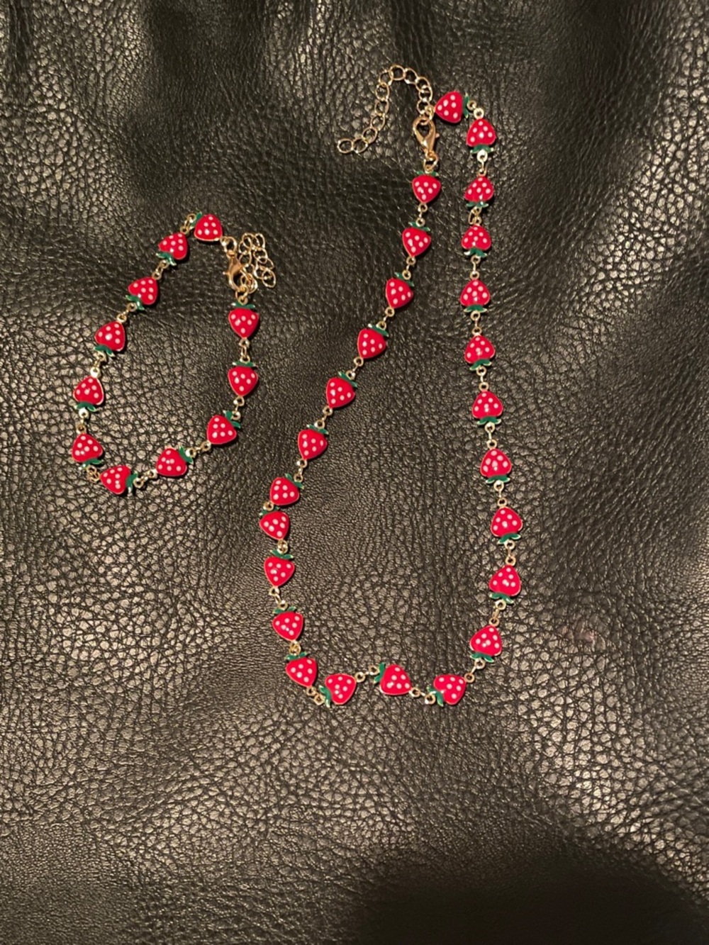 Strawberry Charm Necklace and Bracelet Set - Red